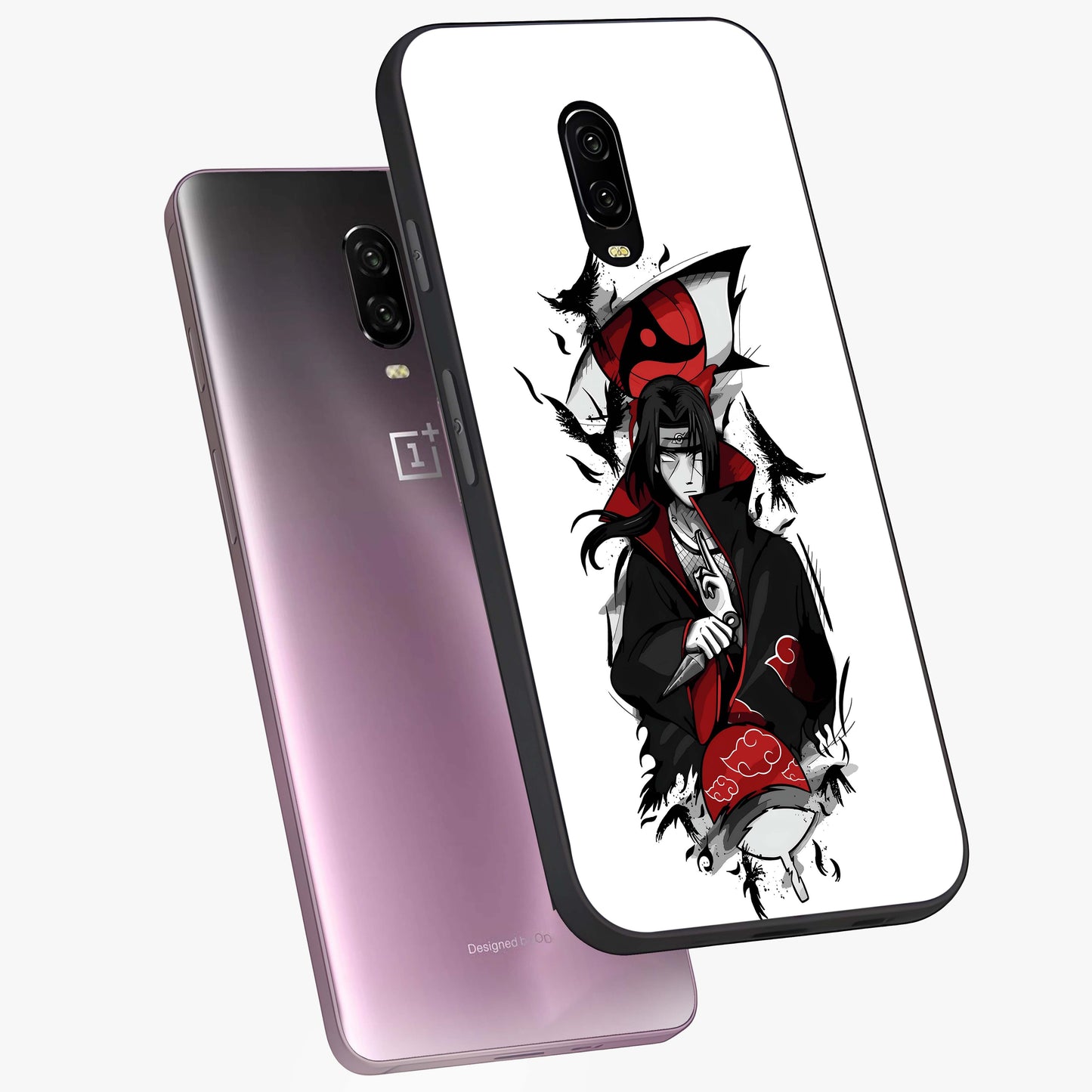Itachi Sharingan Glass Case displayed in angled mockup highlighting striking sharingan eye design with dramatic anime aesthetic.