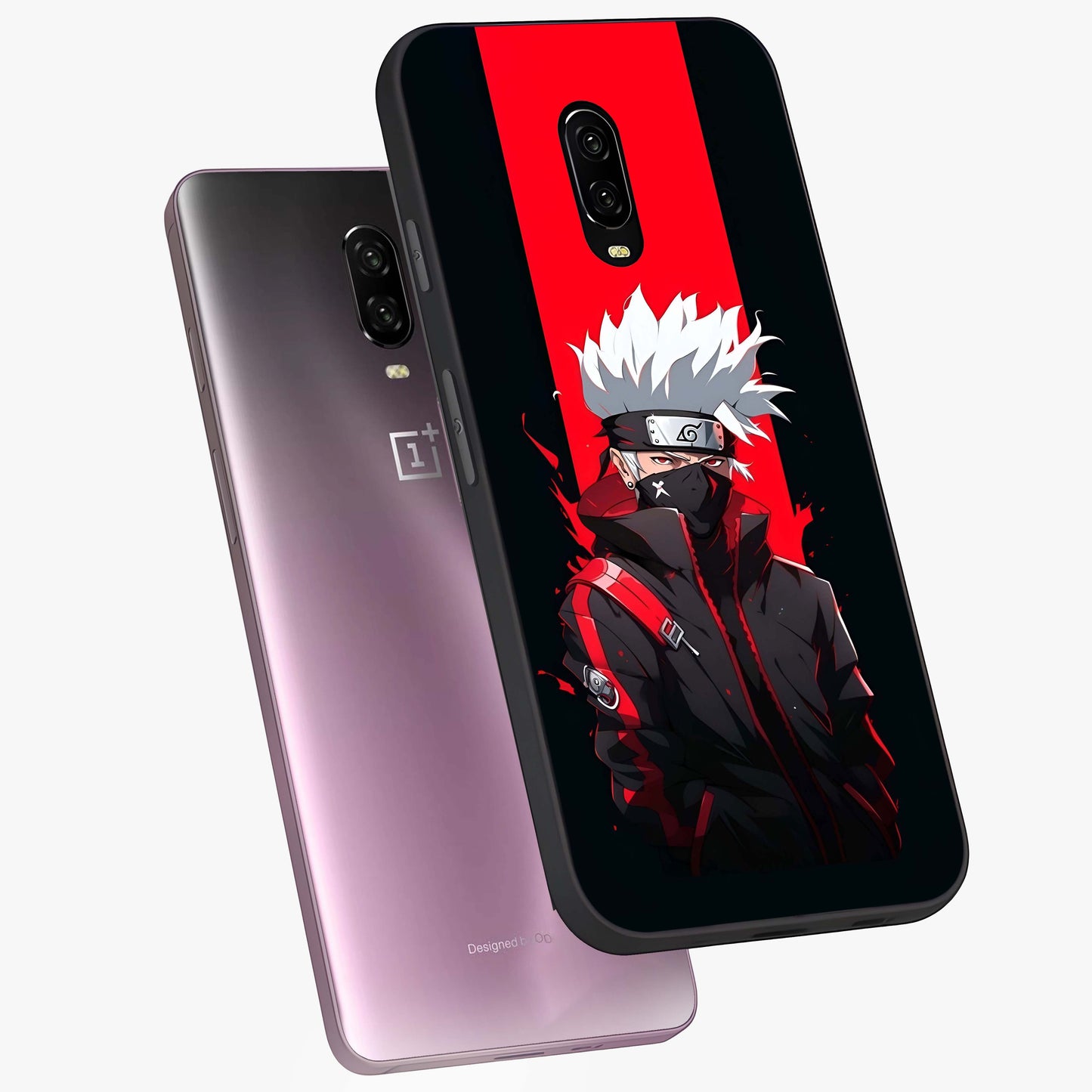 Kakashi Scarlet Shadow Glass Case displayed in angled mockup highlighting dramatic ninja illustration with scarlet themed aesthetic.