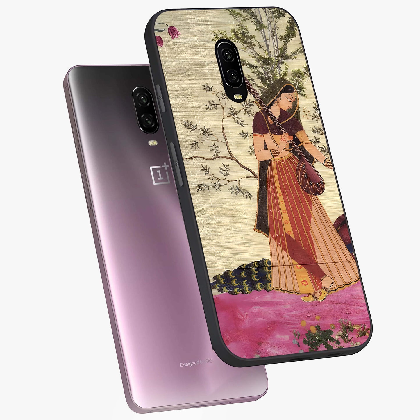 Lady With Veena Art Glass Case displayed in angled mockup highlighting graceful musical illustration with cultural artistic aesthetic.