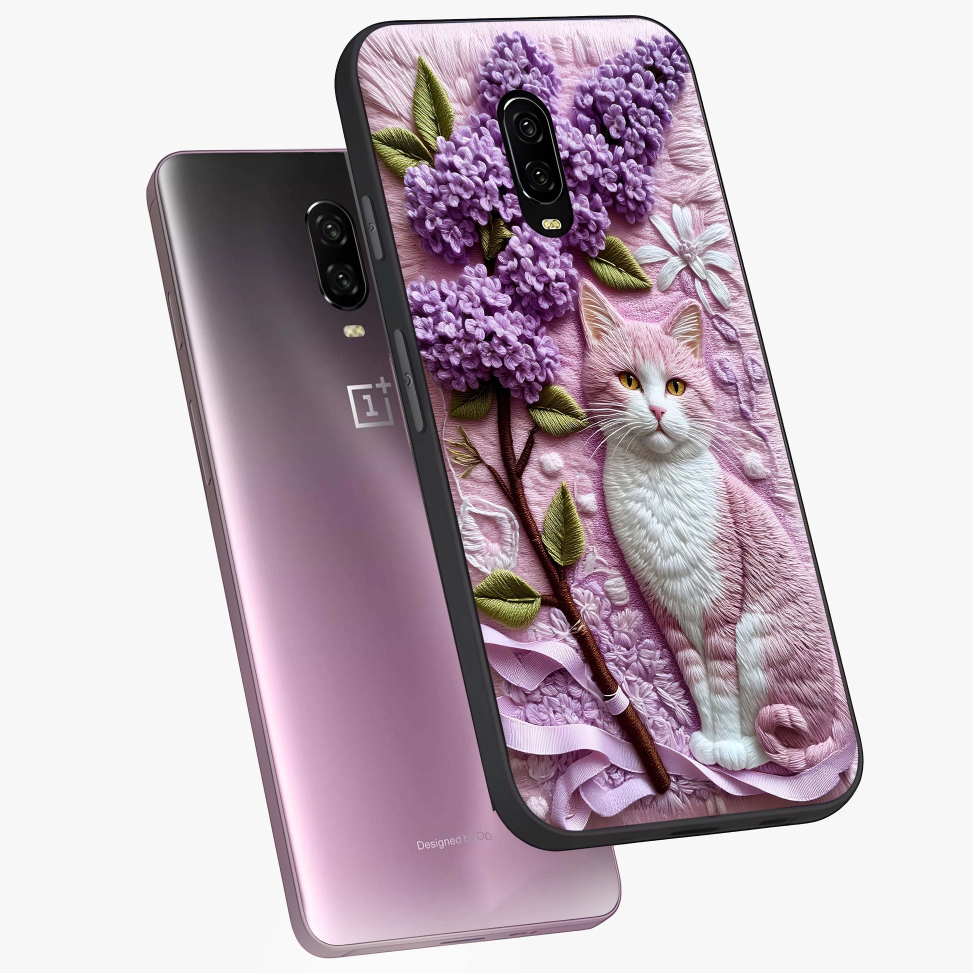 Lavender Cat Whimsy Glass Case displayed in angled mockup highlighting playful feline illustration with pastel lavender aesthetic.