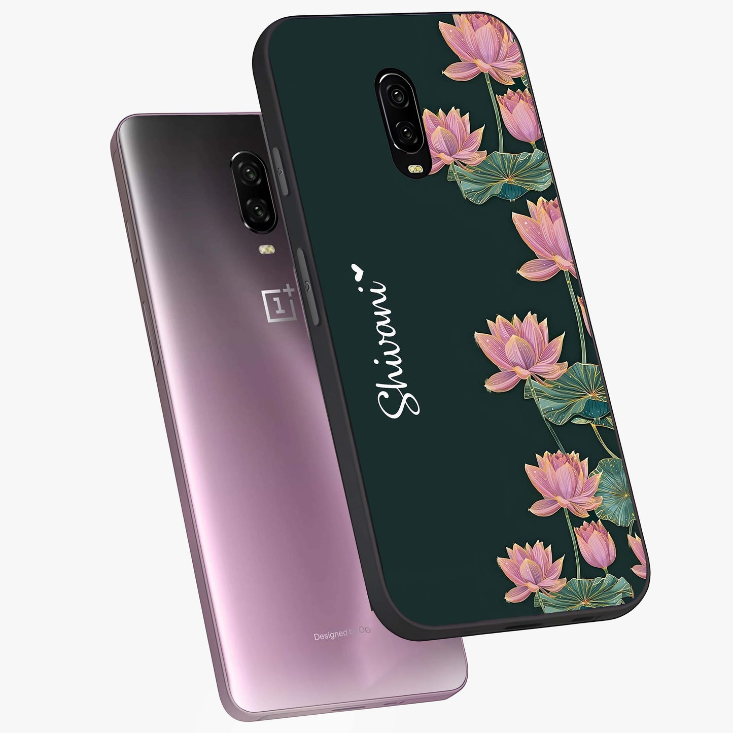 Lotus Bloom Serenity Custom Name Glass Case displayed in angled mockup highlighting graceful lotus illustration with custom name feature.