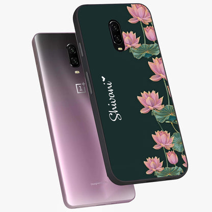 Lotus Bloom Serenity Custom Name Glass Case displayed in angled mockup highlighting graceful lotus illustration with custom name feature.