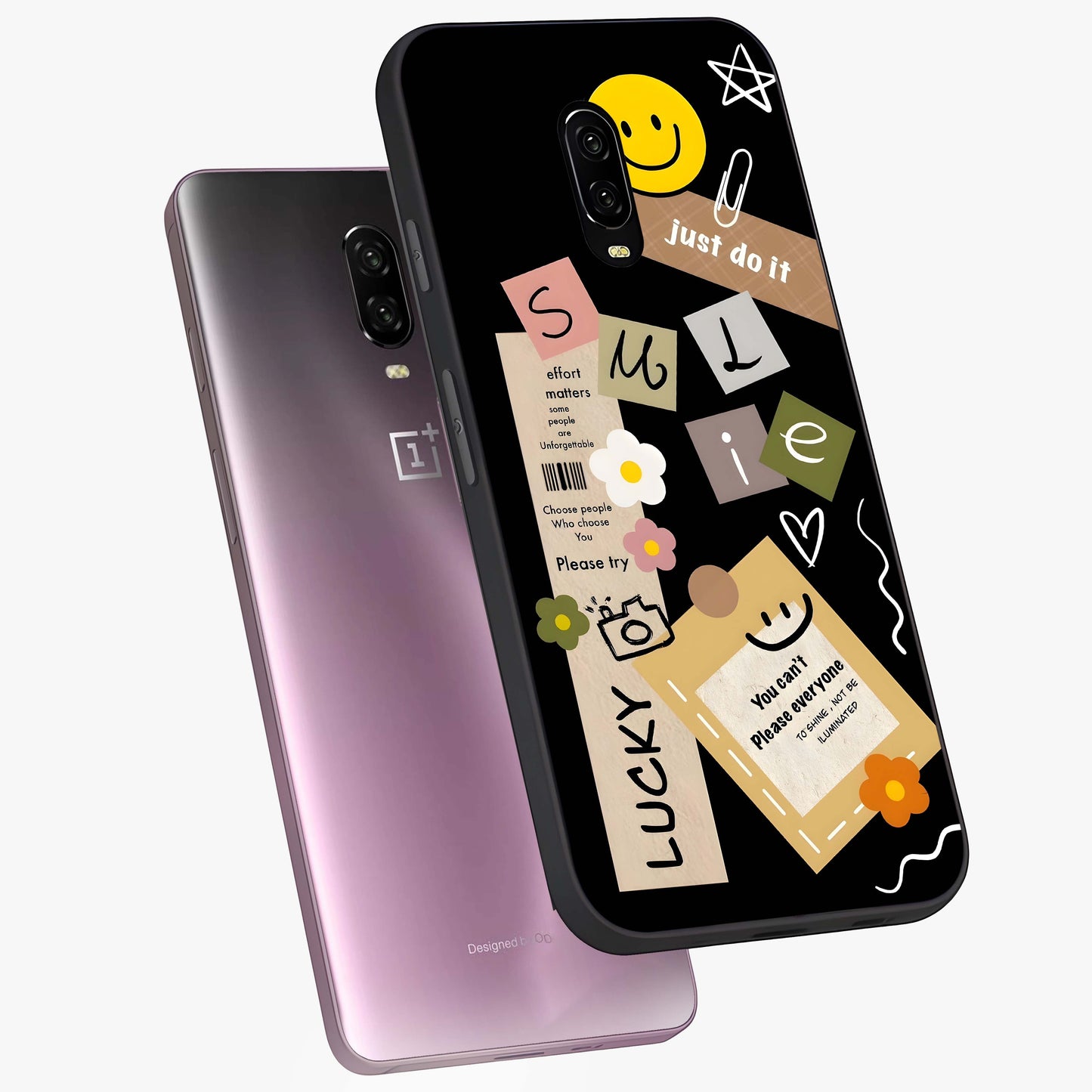 Lucky Aesthetic Collage Glass Case displayed in angled mockup highlighting stylish collage pattern with modern aesthetic vibe.