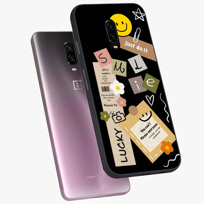 Lucky Aesthetic Collage Glass Case displayed in angled mockup highlighting stylish collage pattern with modern aesthetic vibe.