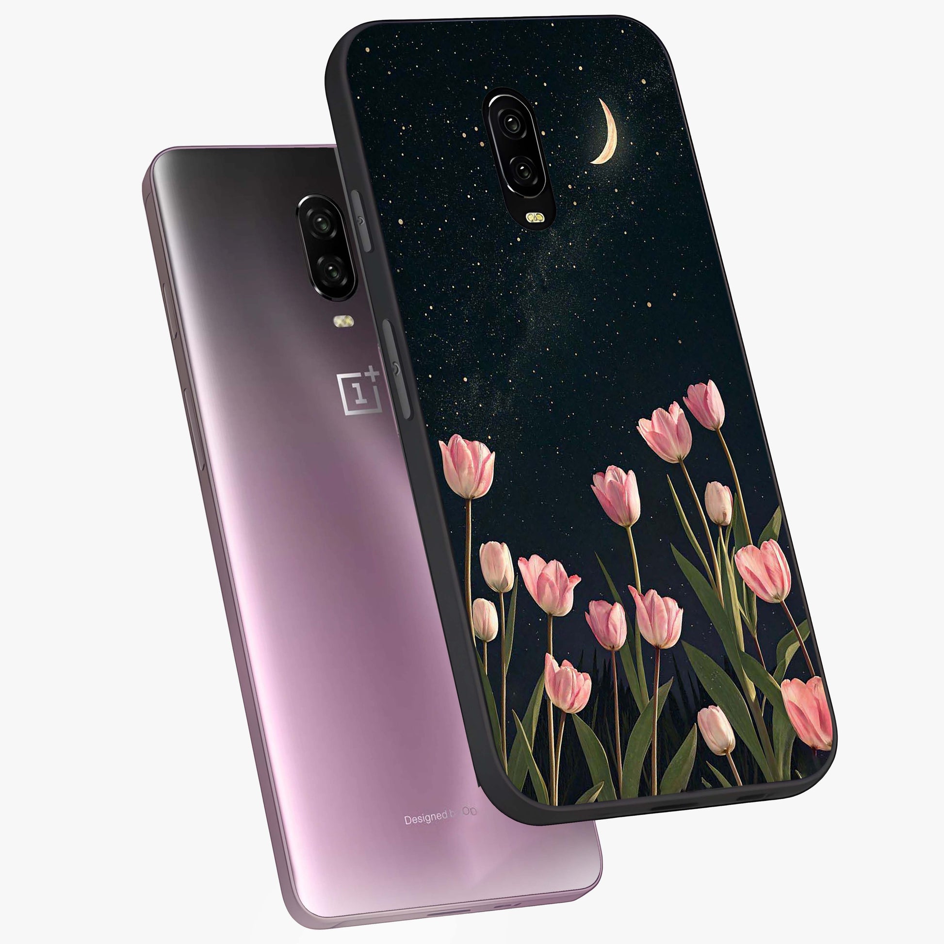 Midnight Tulip Whispers Vibe Glass Case displayed in angled mockup highlighting delicate tulip design with midnight floral aesthetic.