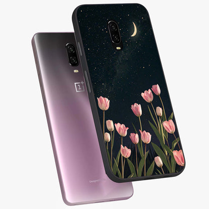 Midnight Tulip Whispers Vibe Glass Case displayed in angled mockup highlighting delicate tulip design with midnight floral aesthetic.