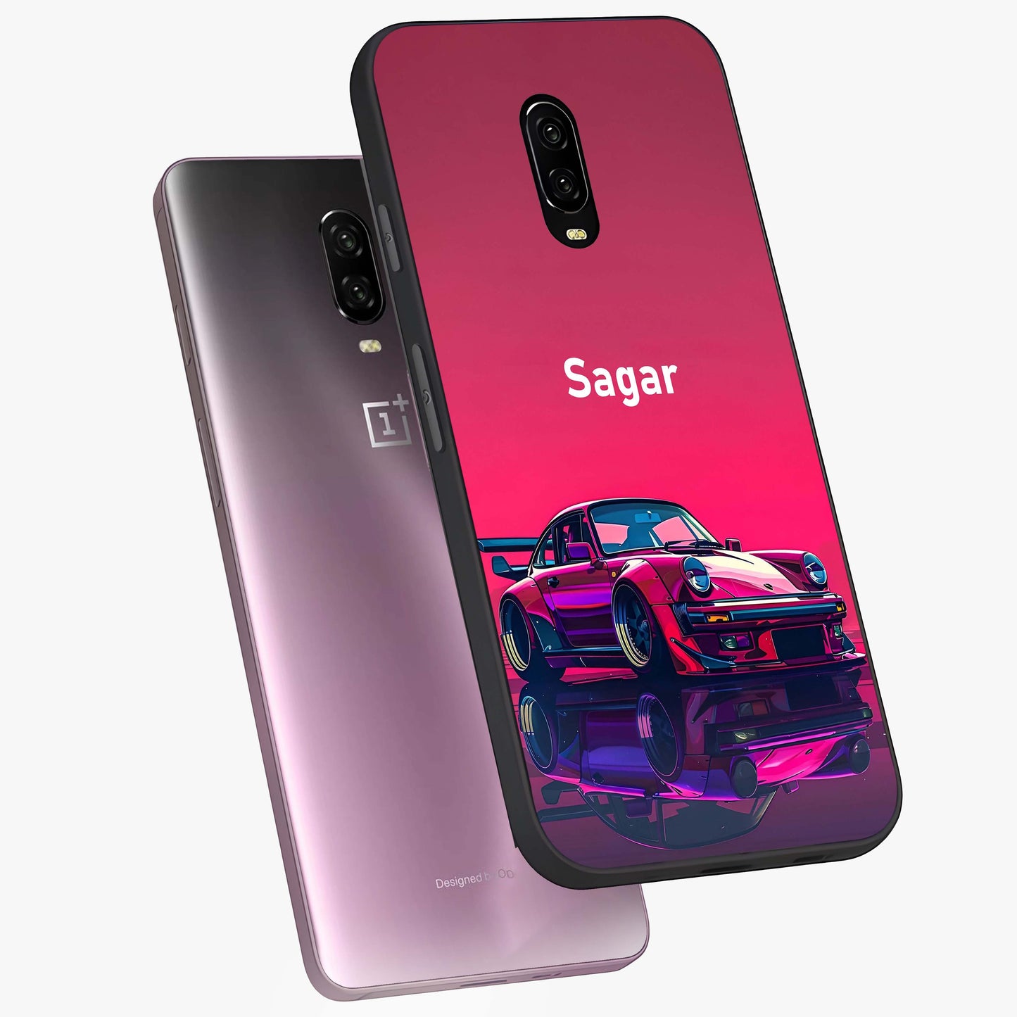 Neon Pink Porsche Glass Case displayed in angled mockup highlighting sleek neon pink car design with racing aesthetic.