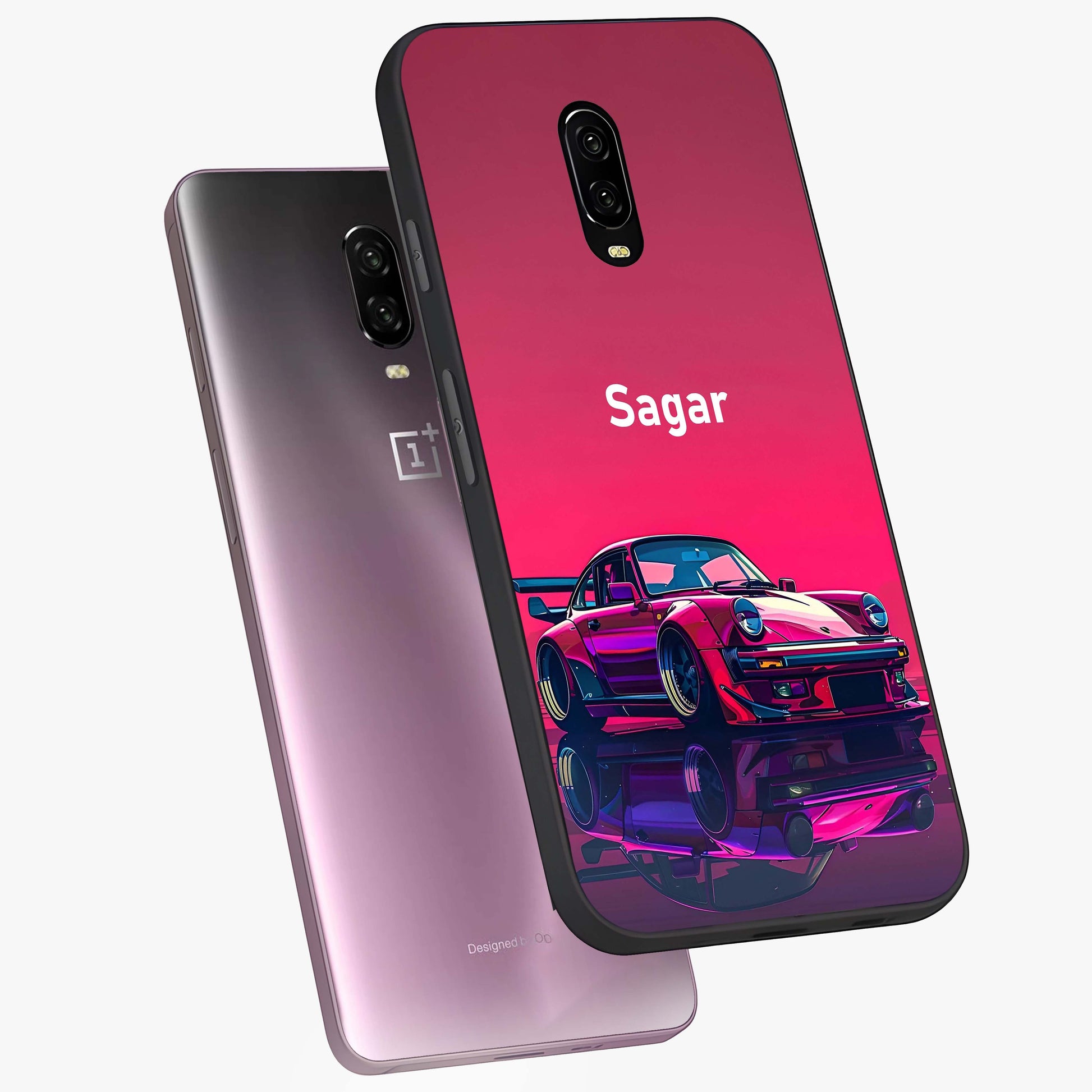 Neon Pink Porsche Glass Case displayed in angled mockup highlighting sleek neon pink car design with racing aesthetic.