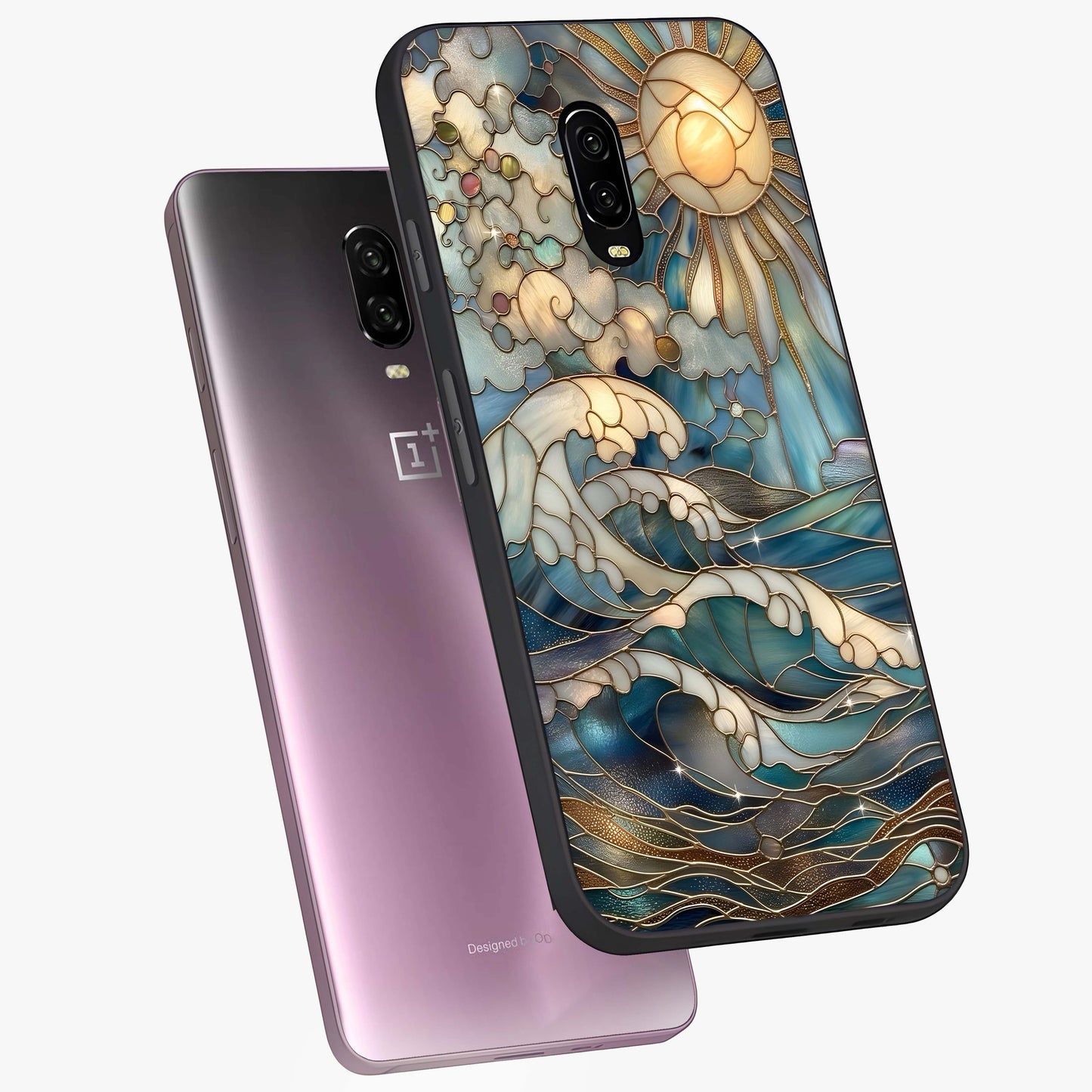 Oceanic Stained Printed Glass Case displayed in angled mockup highlighting colorful aquatic design with artistic aesthetic style.