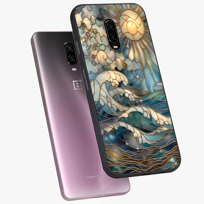 Oceanic Stained Printed Glass Case displayed in angled mockup highlighting colorful aquatic design with artistic aesthetic style.