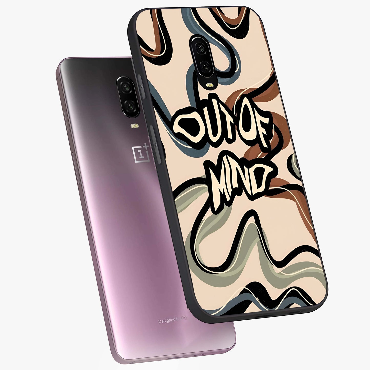Out Of Mind Glass Case displayed in angled mockup highlighting bold statement design with modern artistic aesthetic.