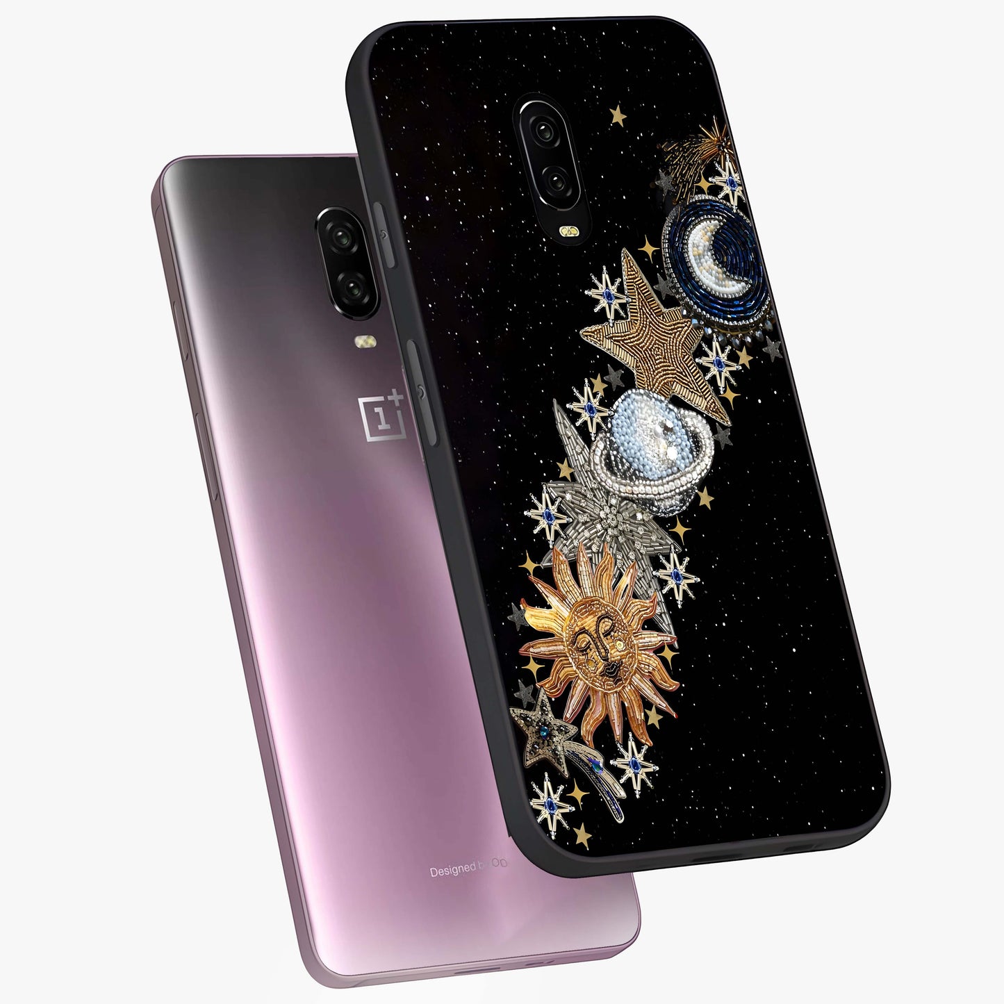 Pearls Universe Object Glass Case displayed in angled mockup highlighting celestial pearl design with dreamy aesthetic.