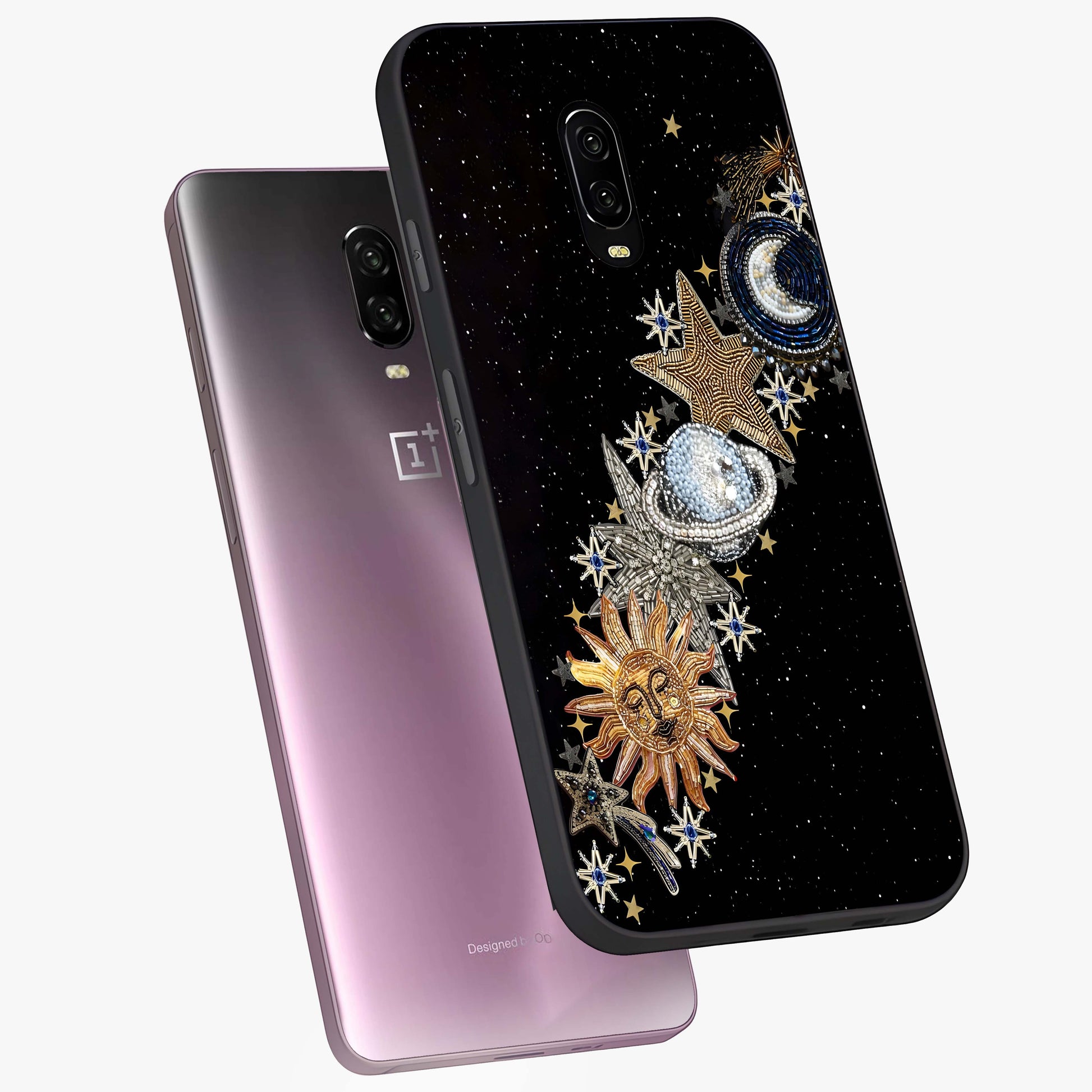 Pearls Universe Object Glass Case displayed in angled mockup highlighting celestial pearl design with dreamy aesthetic.