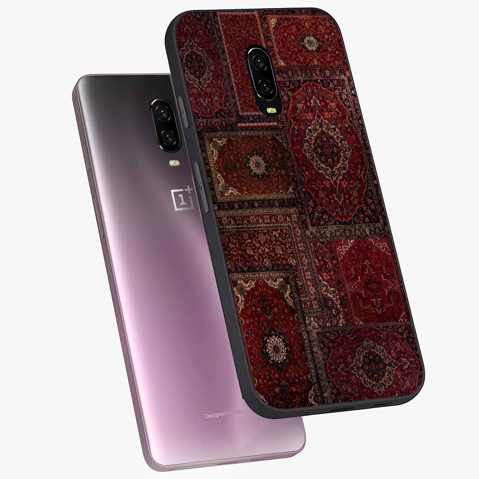 Persian Velvet Tale Glass Case displayed in angled mockup highlighting ornate textile inspired design with royal aesthetic.