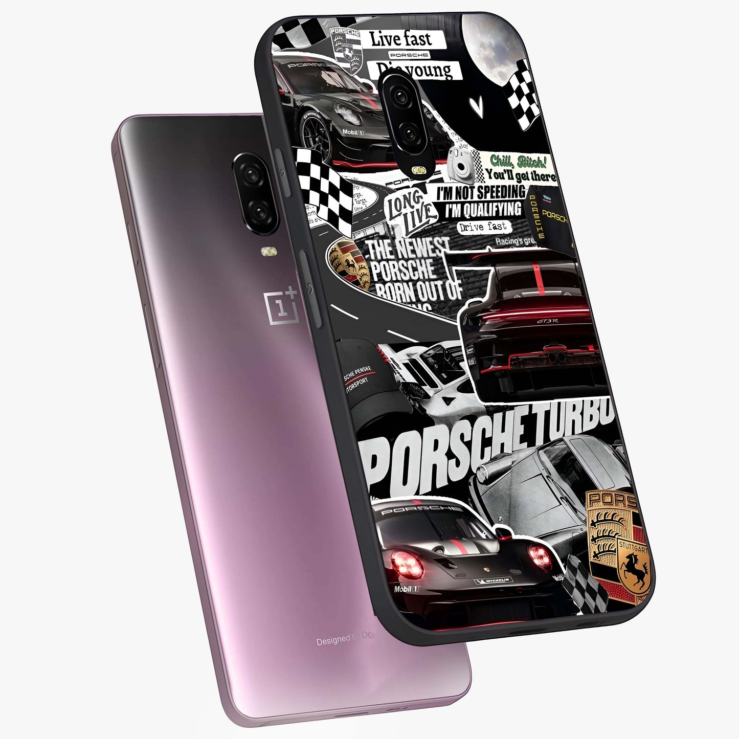 Porsche Racing Collage Glass Case displayed in angled mockup highlighting dynamic automotive design with bold racing aesthetic.