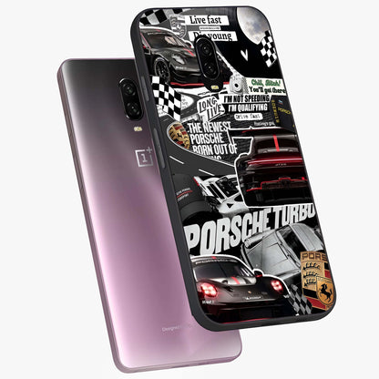 Porsche Racing Collage Glass Case displayed in angled mockup highlighting dynamic automotive design with bold racing aesthetic.