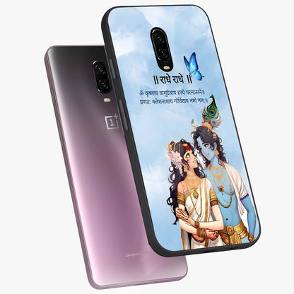 Radha Krishna Eternal Glass Case displayed in angled mockup highlighting divine Radha Krishna illustration with spiritual aesthetic.