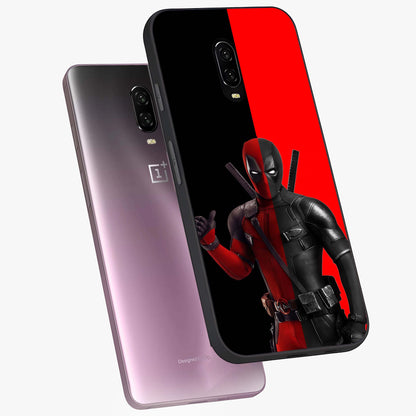 Red & Black Deadpool Theme Glass Case displayed in angled mockup highlighting vibrant superhero style illustration with action aesthetic.