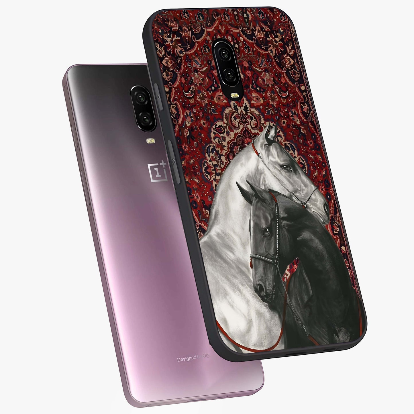 Regal Stallion Tapestry Glass Case displayed in angled mockup highlighting royal stallion design with decorative heritage aesthetic.