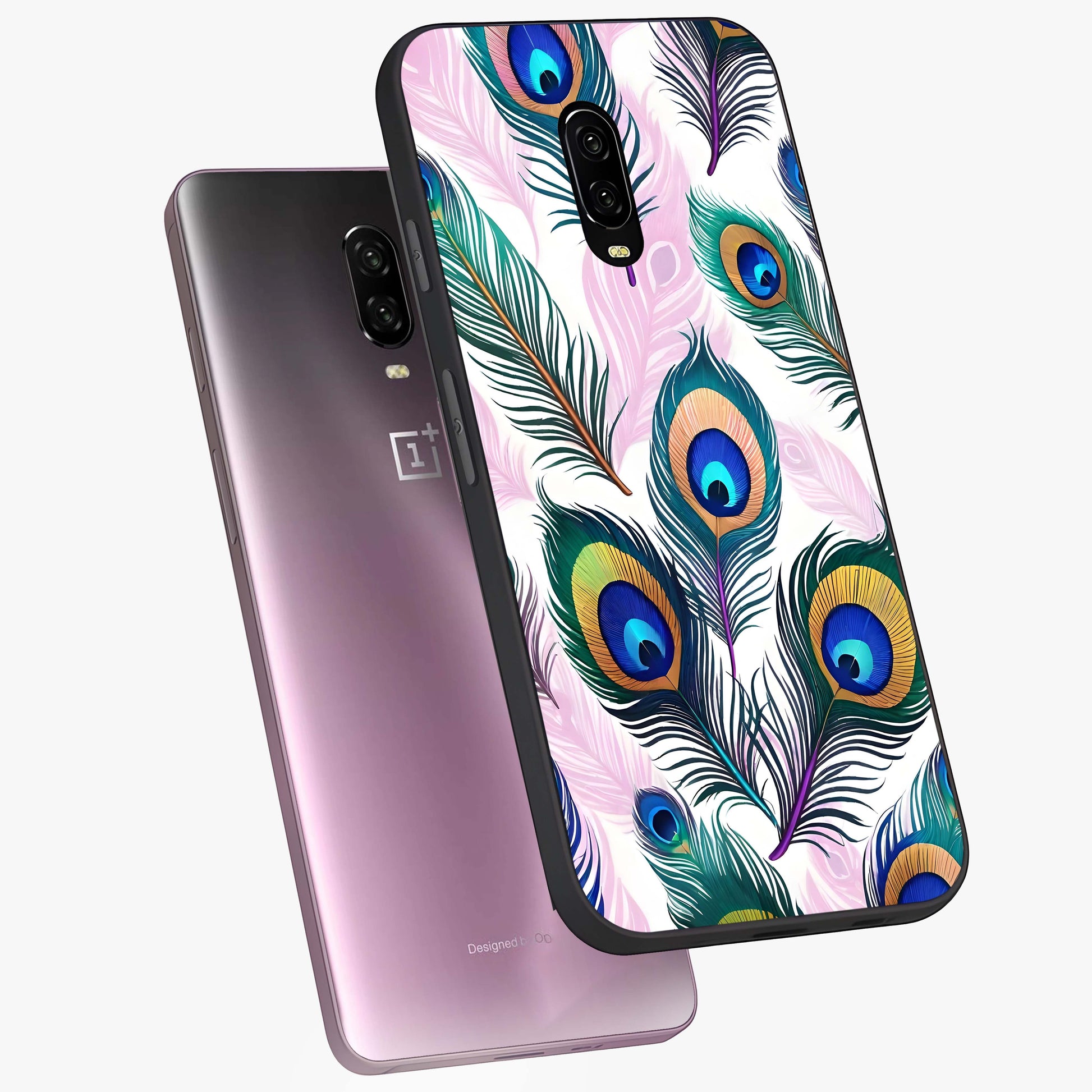 Royal Peacock Feathers Glass Case displayed in angled mockup highlighting vibrant feather pattern with regal aesthetic style.