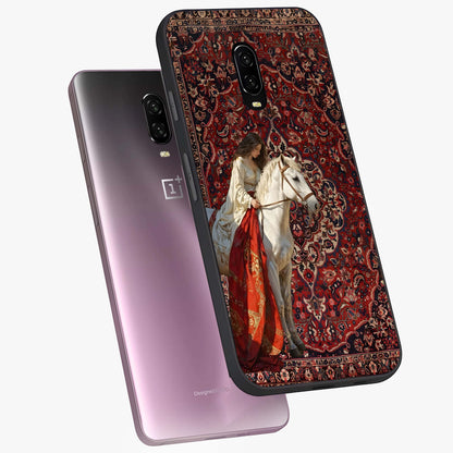 Royal Rider Tapestry Glass Case displayed in angled mockup highlighting traditional tapestry design with royal heritage aesthetic.