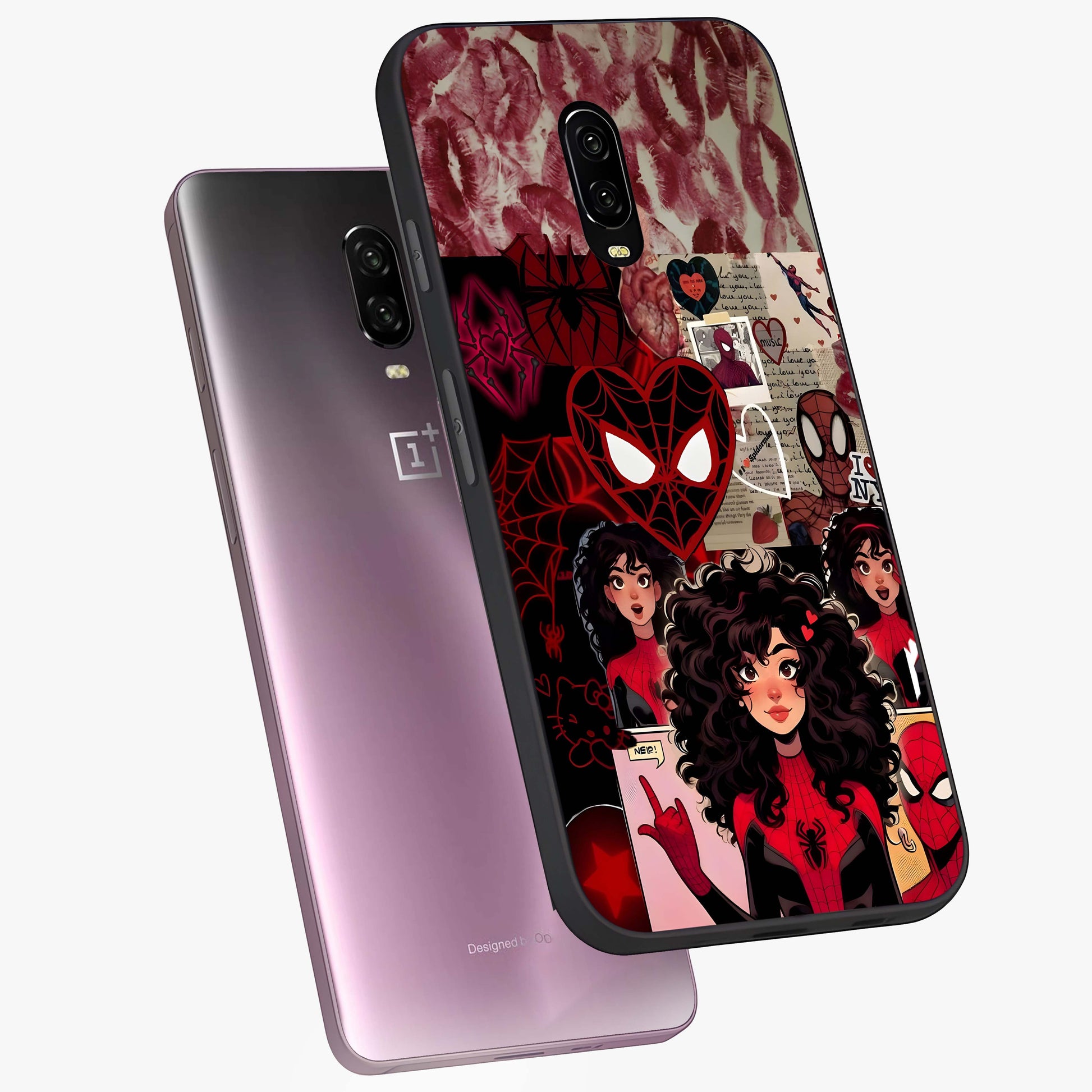 Spider Love Story Glass Case displayed in angled mockup highlighting expressive comic inspired design with playful aesthetic.