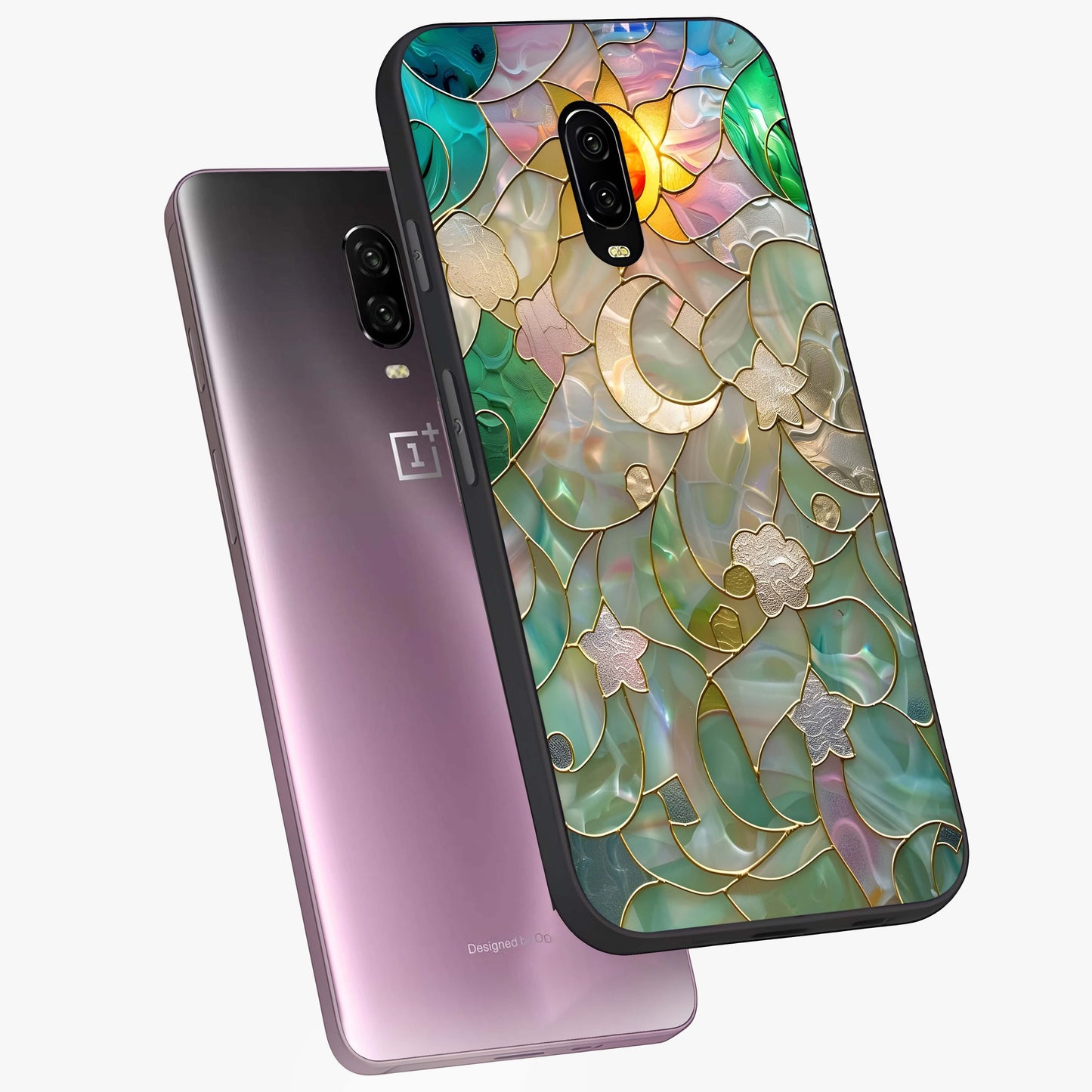 Stained Sunrise Glow Glass Case displayed in angled mockup highlighting radiant sunrise design with artistic aesthetic style.