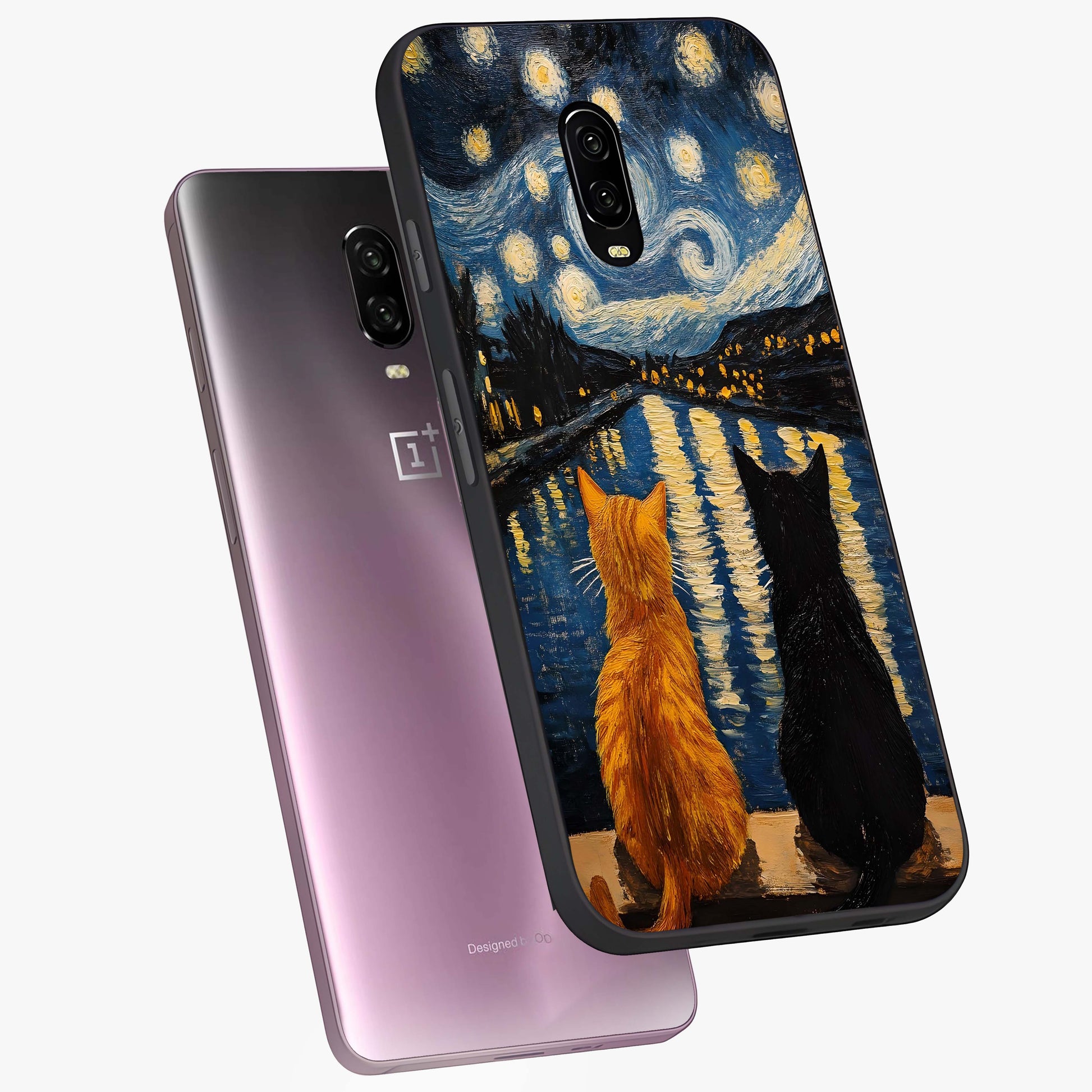 Starry River Cats Glass Case displayed in angled mockup highlighting charming feline illustration with dreamy night aesthetic.
