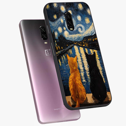 Starry River Cats Glass Case displayed in angled mockup highlighting charming feline illustration with dreamy night aesthetic.
