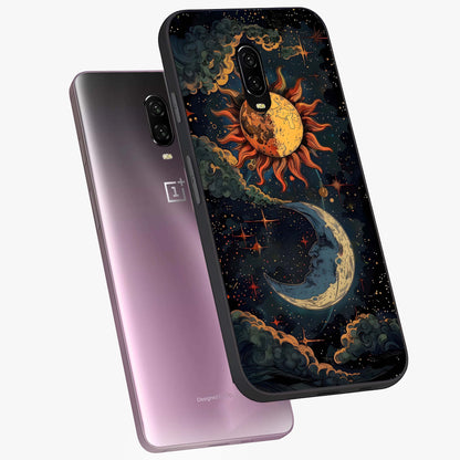Sun And Moon Magic Design Glass Case displayed in angled mockup highlighting celestial design with magical cosmic aesthetic.