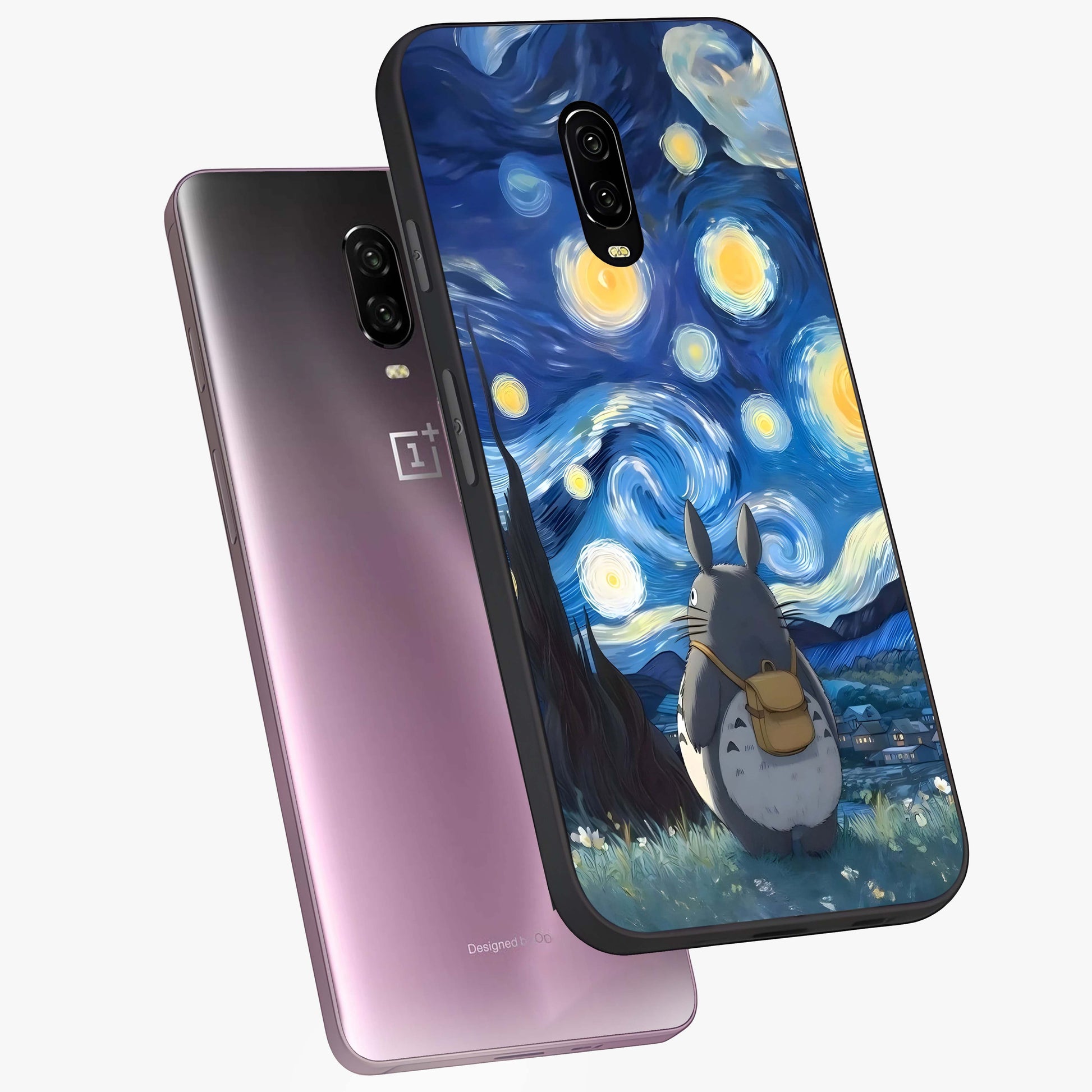 Totoro In Van Gogh Art Glass Case displayed in angled mockup highlighting artistic swirling sky design with playful animation aesthetic.