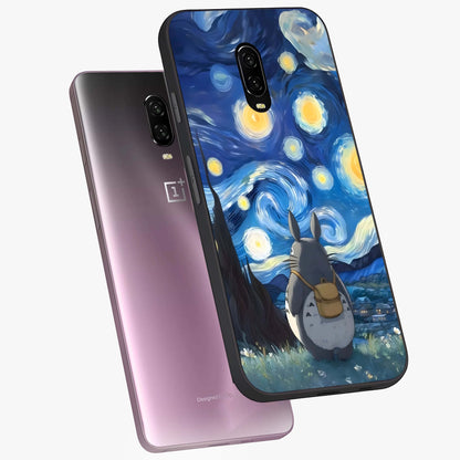 Totoro In Van Gogh Art Glass Case displayed in angled mockup highlighting artistic swirling sky design with playful animation aesthetic.