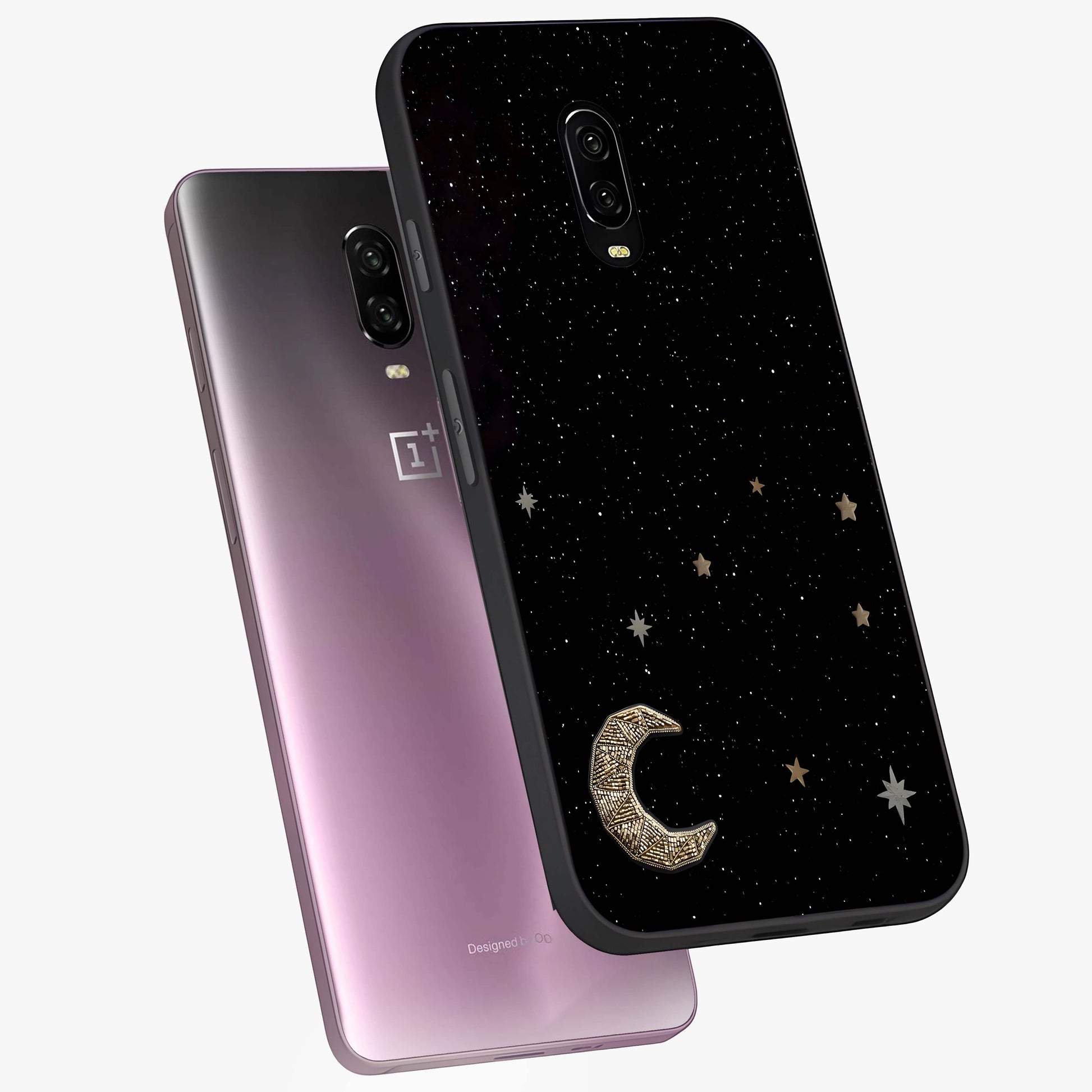 Twinkle Star With Half Moon Glass Case displayed in angled mockup highlighting celestial moon and star design with magical aesthetic.