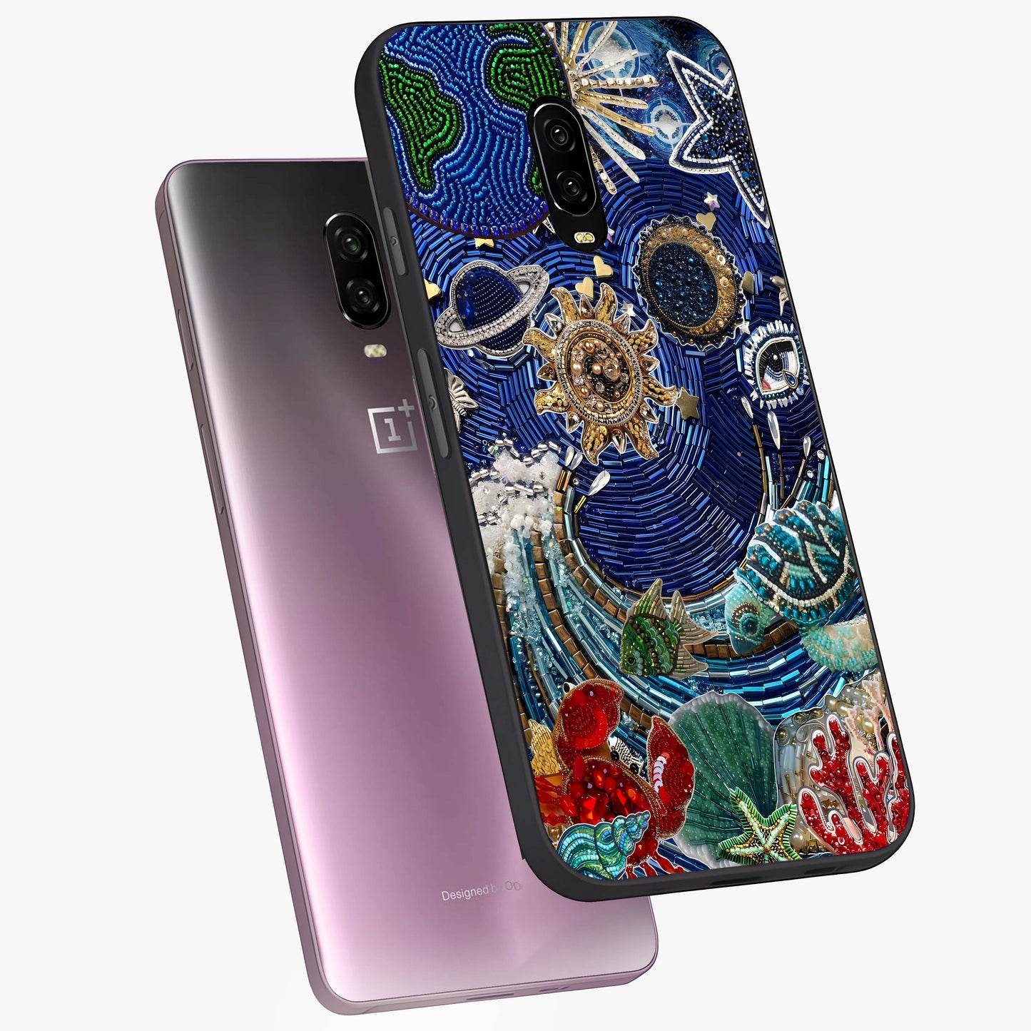 Universe Underwater Spark Glass Case displayed in angled mockup highlighting glowing aquatic design with celestial aesthetic.