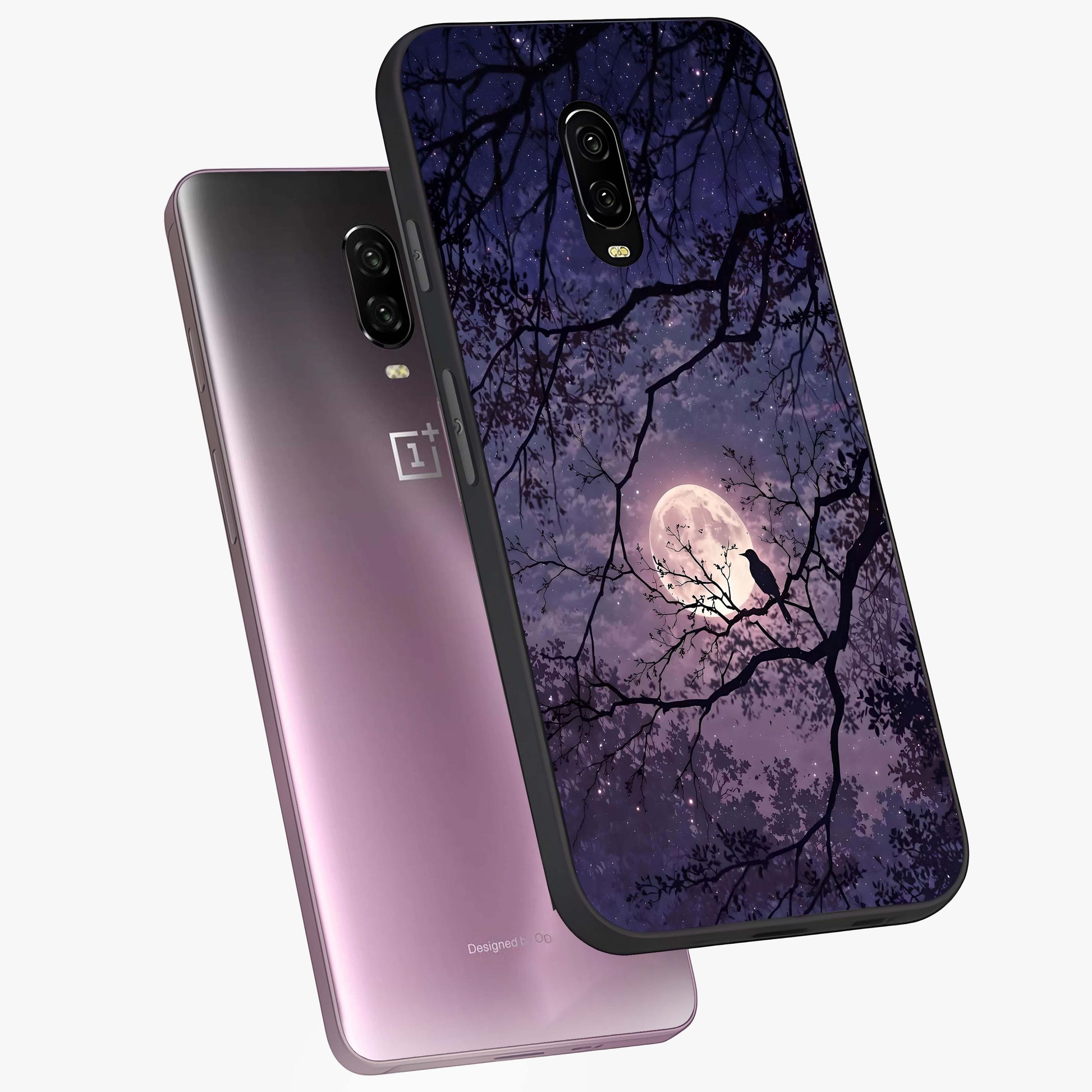 Whispering Moon Silence Glass Case displayed in angled mockup highlighting calm lunar design with dreamy night aesthetic.