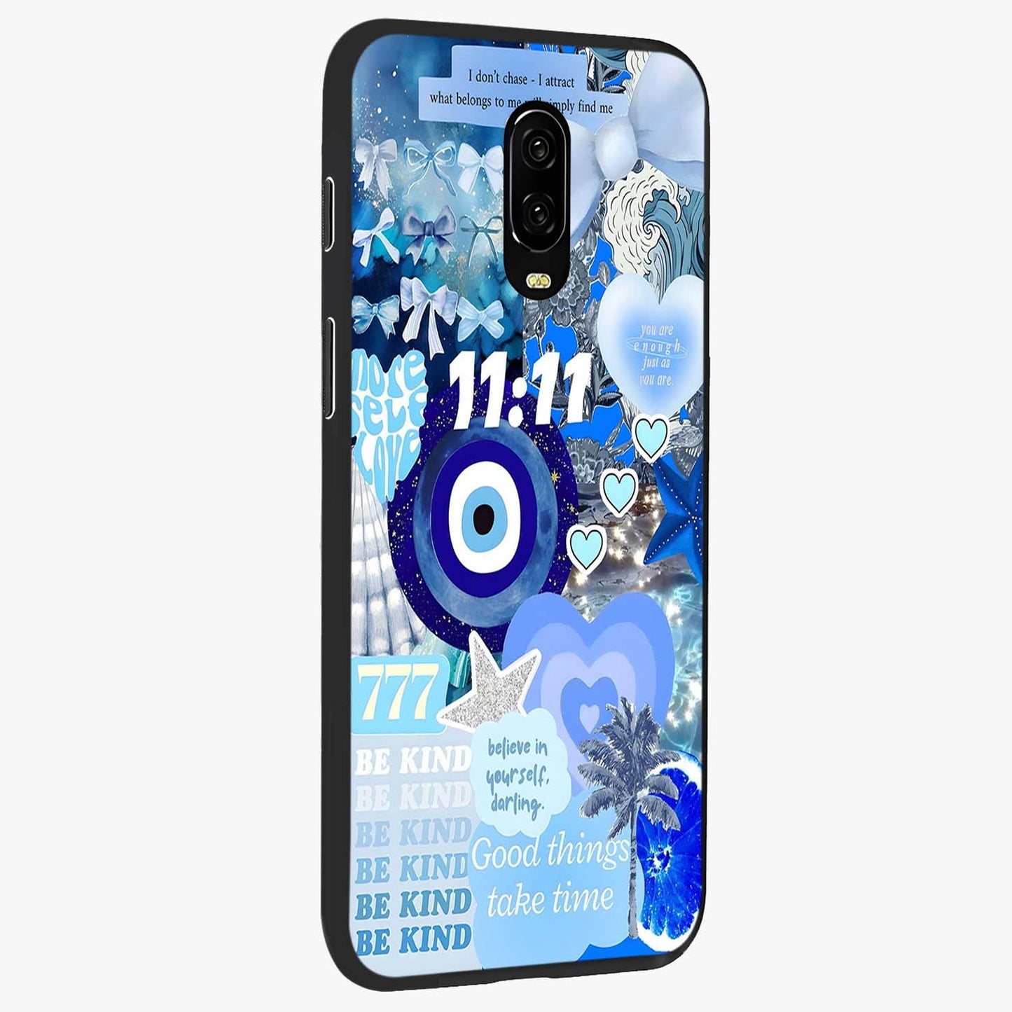 Aesthetic Be Kind Eye Glass Case upright view showcasing stylish eye illustration with positive message theme.