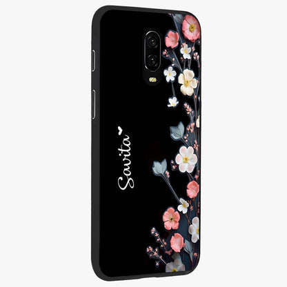 Black Elegance Floral Custom Name Glass Case upright view showcasing luxurious black floral design with personalized name detail.