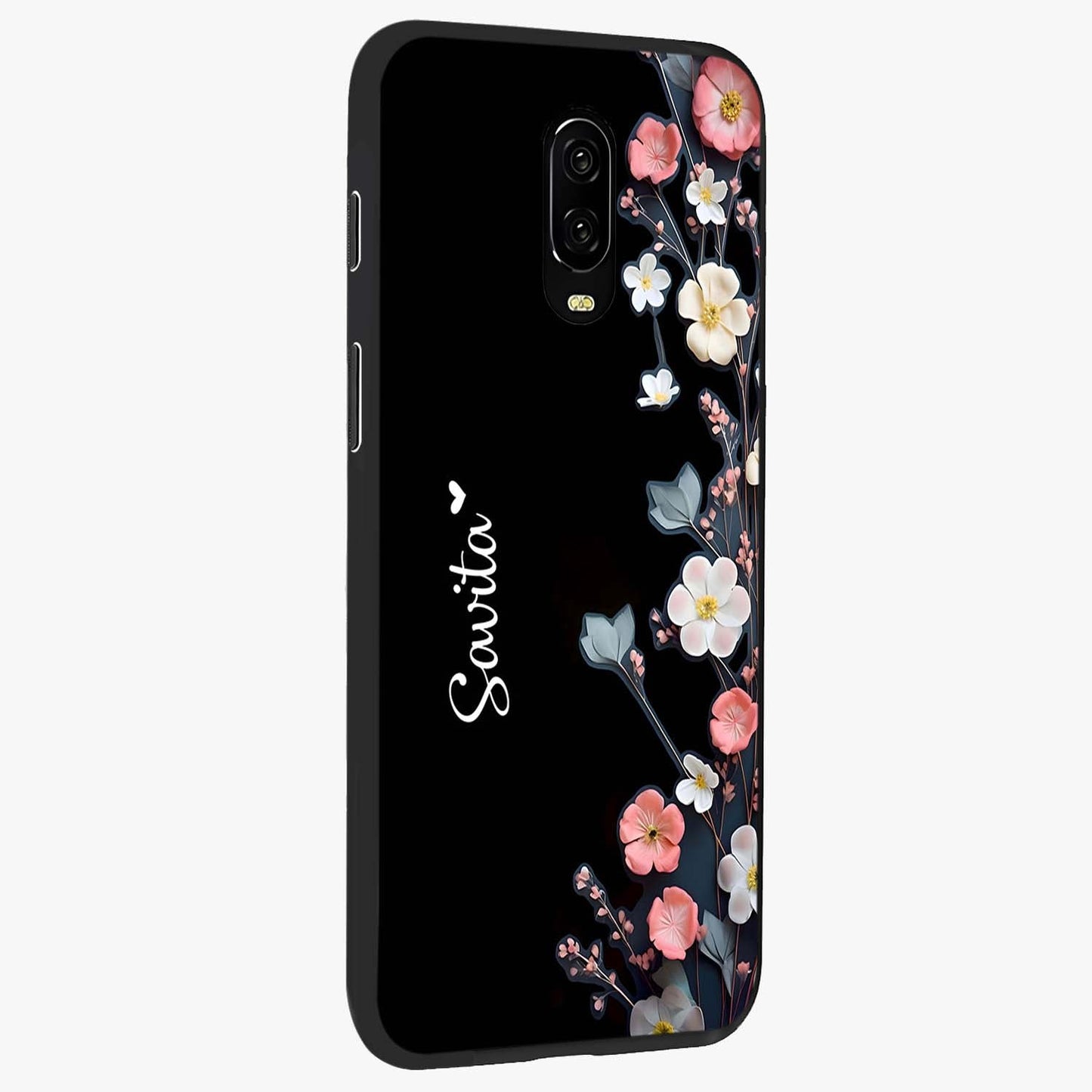 Black Elegance Floral Custom Name Glass Case upright view showcasing luxurious black floral design with personalized name detail.