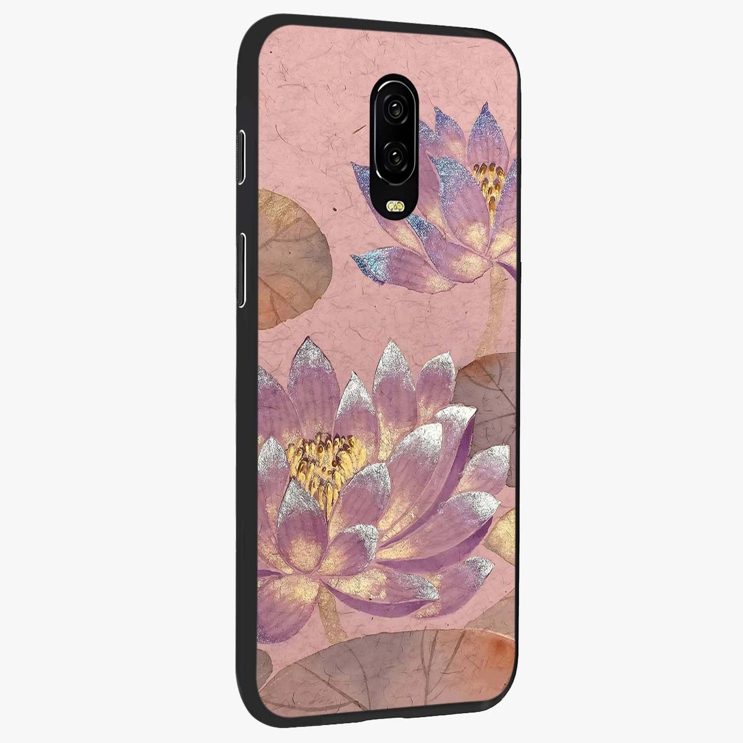 Blossom Mist Lotus Glass Case upright view showcasing graceful lotus flower design with peaceful botanical style.