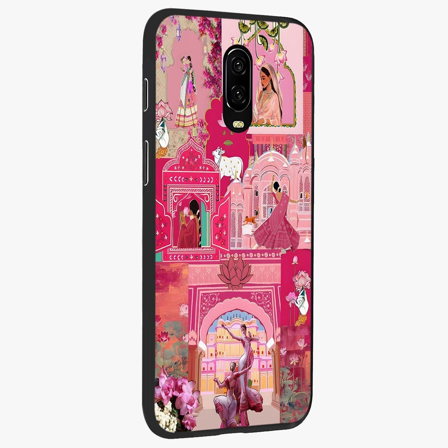 Blossoms of Rajasthan Glass Case upright view showcasing colorful floral design inspired by traditional Indian art.