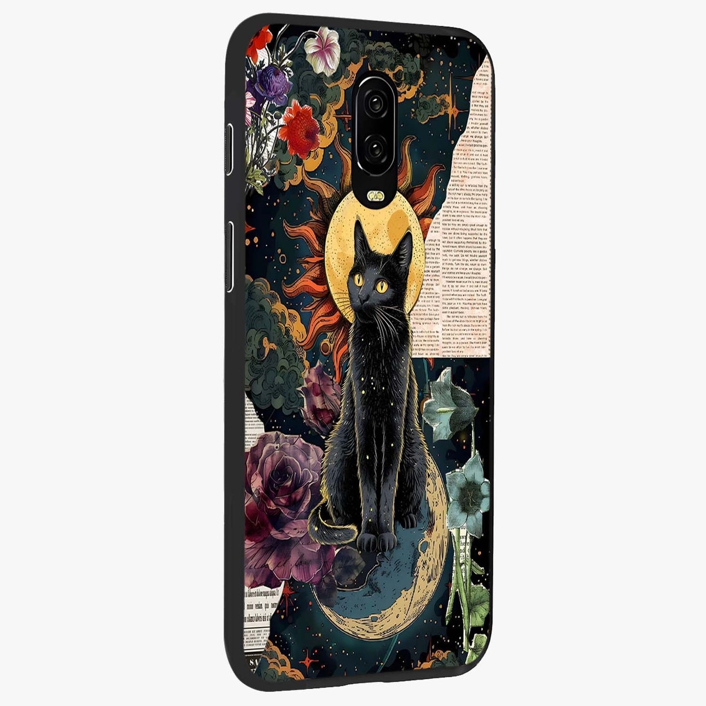 Celestial Black Cat Glass Case upright view showcasing magical black cat illustration with starry cosmic theme.