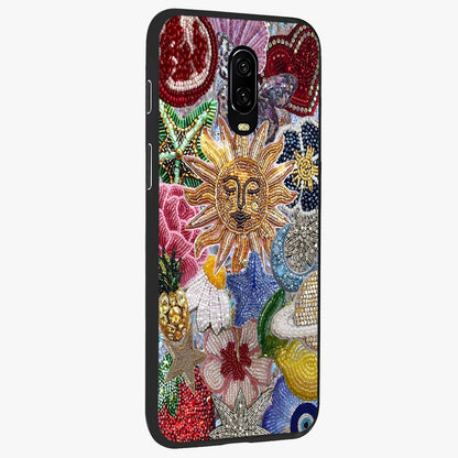 Celestial Floral and Playful Glass Case upright view showcasing whimsical floral artwork with cosmic aesthetic theme.