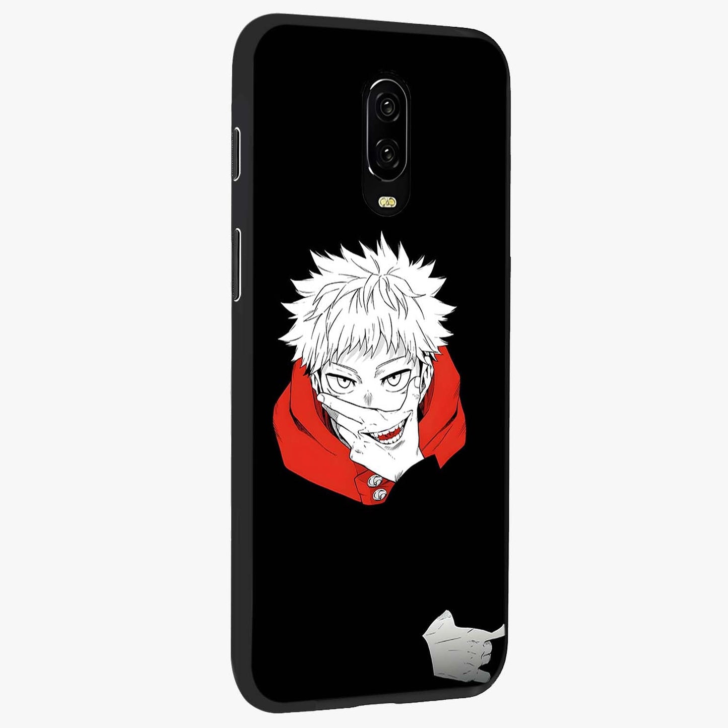 Crimson Chaos Smile Glass Case upright view showcasing expressive chaotic artwork with striking visual theme.