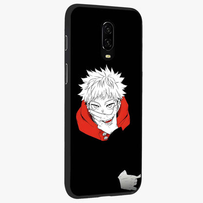 Crimson Chaos Smile Glass Case upright view showcasing expressive chaotic artwork with striking visual theme.