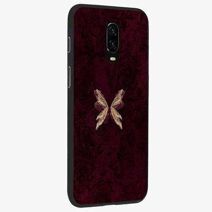 Crimson Fade Butterfly Glass Case upright view showcasing graceful butterfly artwork with soft crimson fade effect.