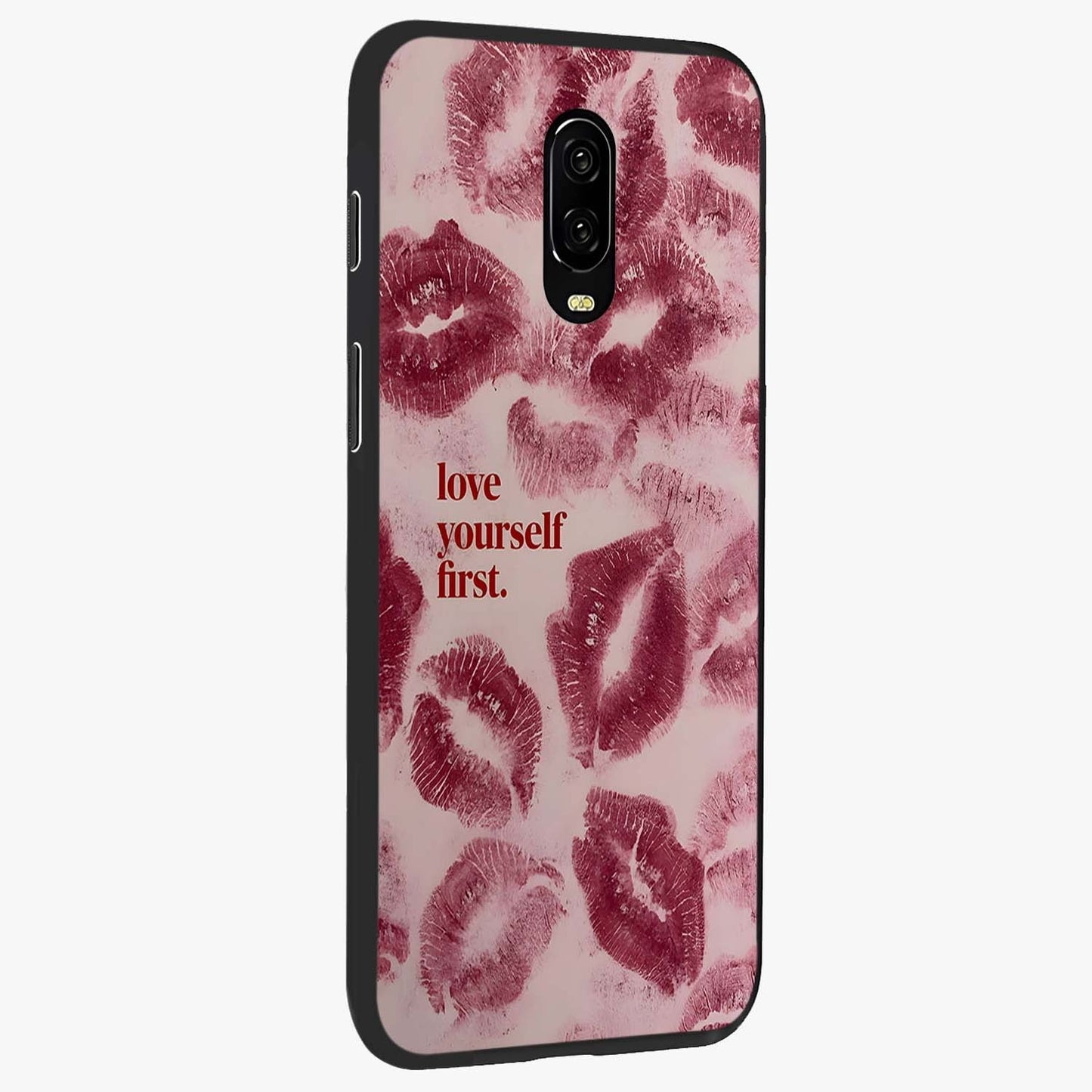 Crimson Kiss Love Glass Case upright view showcasing expressive romantic artwork with deep crimson theme.
