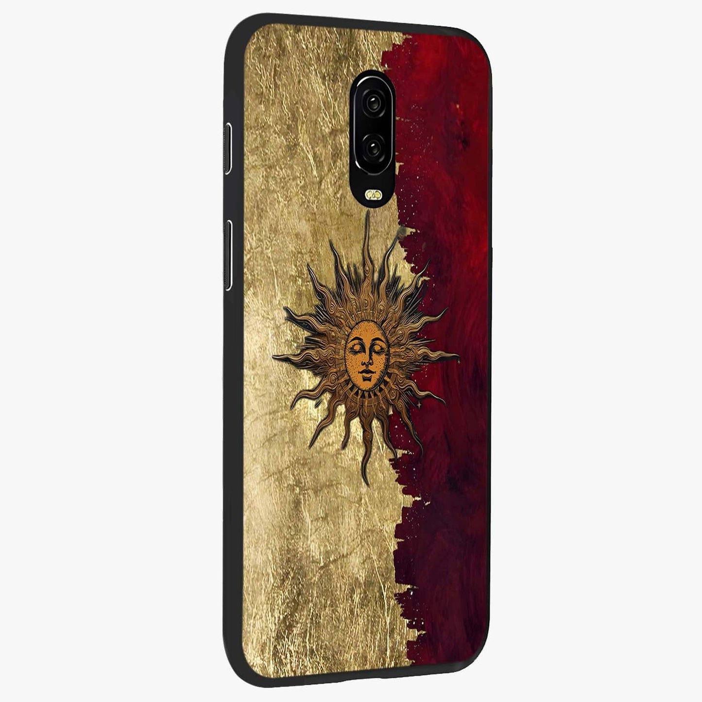 Crimson Sun Majesty Glass Case upright view showcasing vibrant sun artwork with powerful celestial theme.