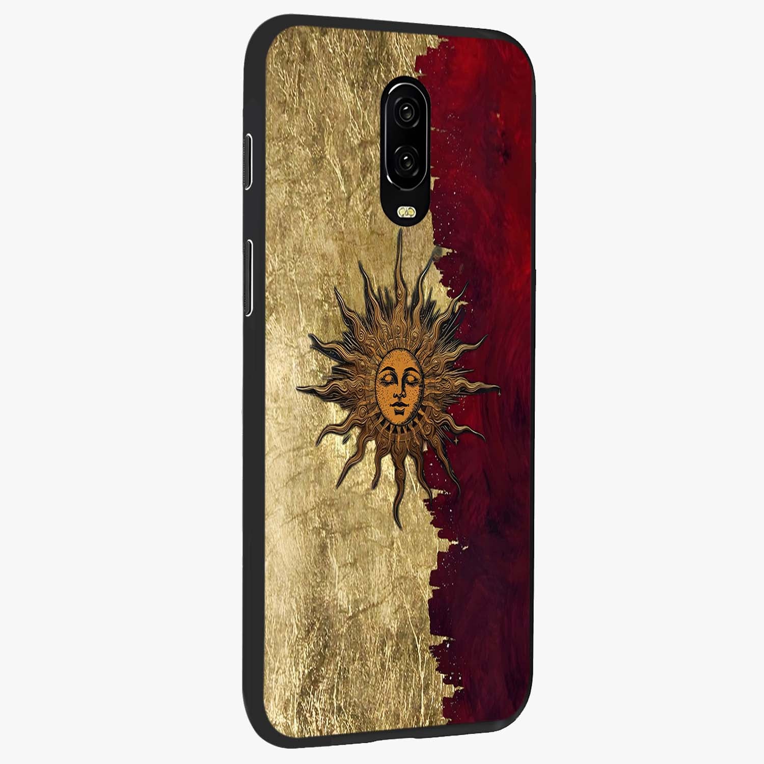 Crimson Sun Majesty Glass Case upright view showcasing vibrant sun artwork with powerful celestial theme.