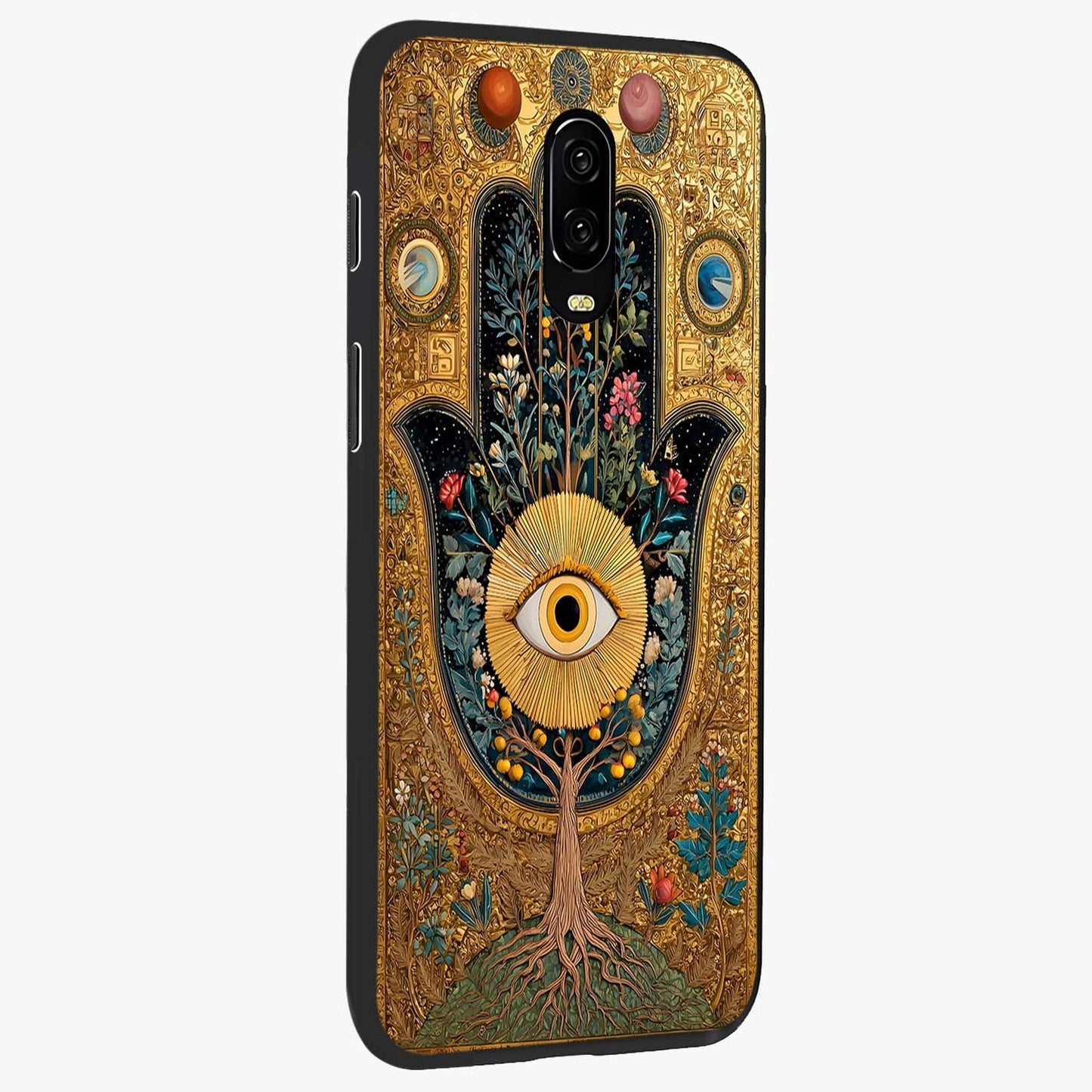 Ethereal Evil Eye Glass Case upright view showcasing celestial evil eye artwork with mystical theme.