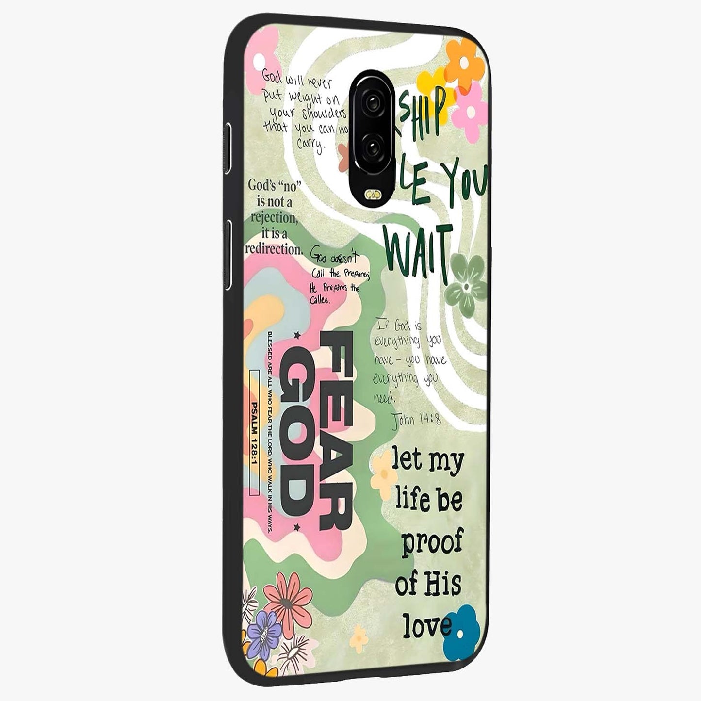 Faith Over Fear Glass Case upright view showcasing bold typography artwork with uplifting motivational theme.